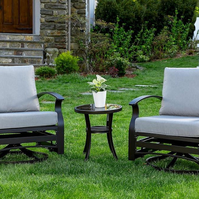 Gotland 3 Piece Patio Outdoor Aluminum Metal Swivel Rocking Chair with 1 Coffee Table and 2 Grey Padded Cushions Outdoor Metal Swivel Rocking Chair Furniture Conversation Set for Porch Garden