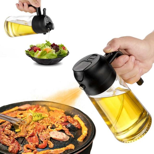 JULEHUI 16oz Oil Sprayer for Cooking - 2 in 1 Spray & Pour Olive Oil Dispenser - 470ml Glass Spray Oil Bottle - Kitchen Gadgets