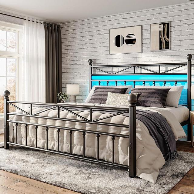 EnHomee 54" Contemporary Metal Bed Frame Queen Size with Tall Headboard, LED Light Queen Size Bed Frame, Sturdy Metal Slats Support with Under Bed Storage/Easy to Put Together/Black