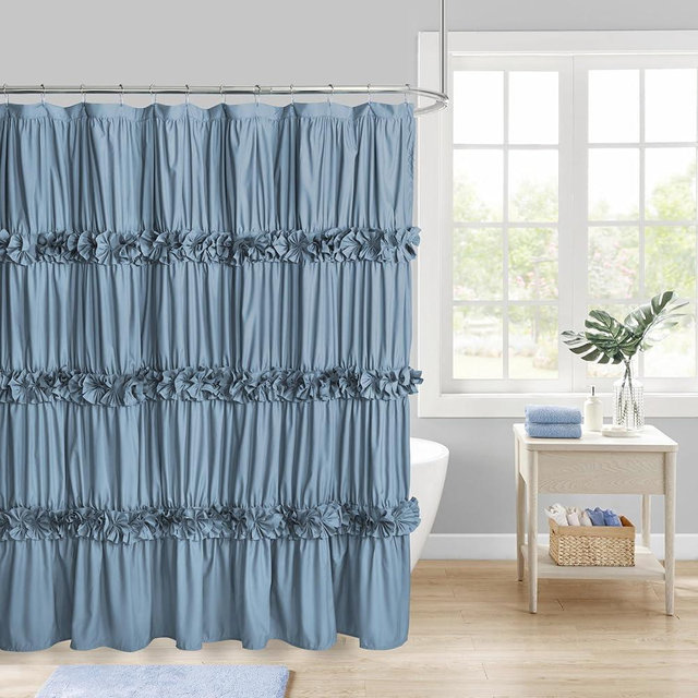 Homechoice Decor Dusty Blue Ruffle Shower Curtain, Vintage Handcrafted Bow Tie Bath Curtain for Master Bathroom, Ruched Microfiber Bathroom Curtain with 12 Buttonholes, 72" W x 72" H (LQ-10)