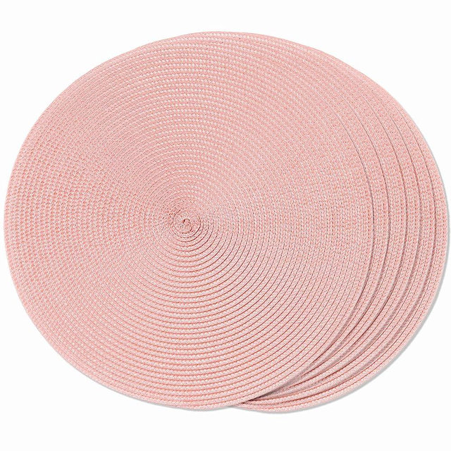 FunWheat Round Braided Placemats Set of 6 Place Mats for Dining Tables Woven Washable Non-Slip Table mats 15 inch for Spring(Pink, 6pcs)
