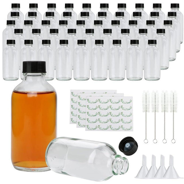 Small Clear Glass Bottles with Lids, 4 oz Glass Containers with Labels, Funnels and Brushes, Round Sample Bottles for Juice, Oils, Ginger Shots, Whiskey, Liquids, 50 Pack
