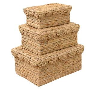 Scalloped Basket Set of 3 – Woven Seagrass Storage Baskets with Lids – Decorative Natural Bins Baskets for Organizing, Boho Home, Shelves, Bathroom Decor