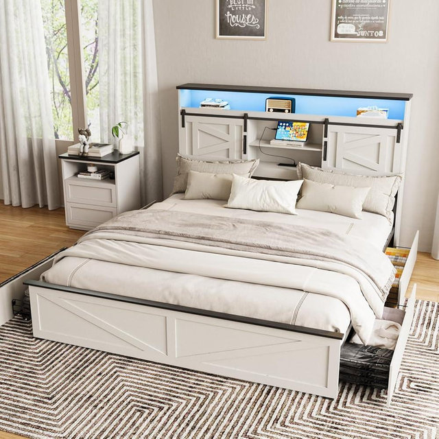 Fameill Farmhouse King Size Bed Frame with 4 Drawers and Bookcase Headboard, Sliding Barn Door Storage Shelves, LED Lights and Charging Station, No Box Spring Needed, Antique White