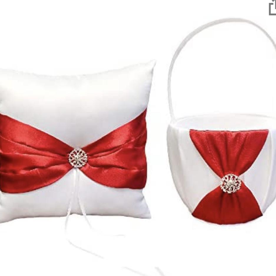 Abbie Home Wedding Flower Basket + Ring Pillow Rhinestone Décor Party Favor Set (Red)
