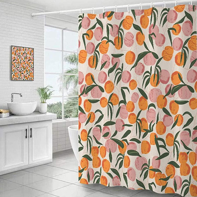Decorative Peach Shower Curtain Waterproof Polyester Fabric, Home Bathroom Decor Hanging Curtain with Hooks 72 by 72 Inch, Hotel Quality, Machine Washable