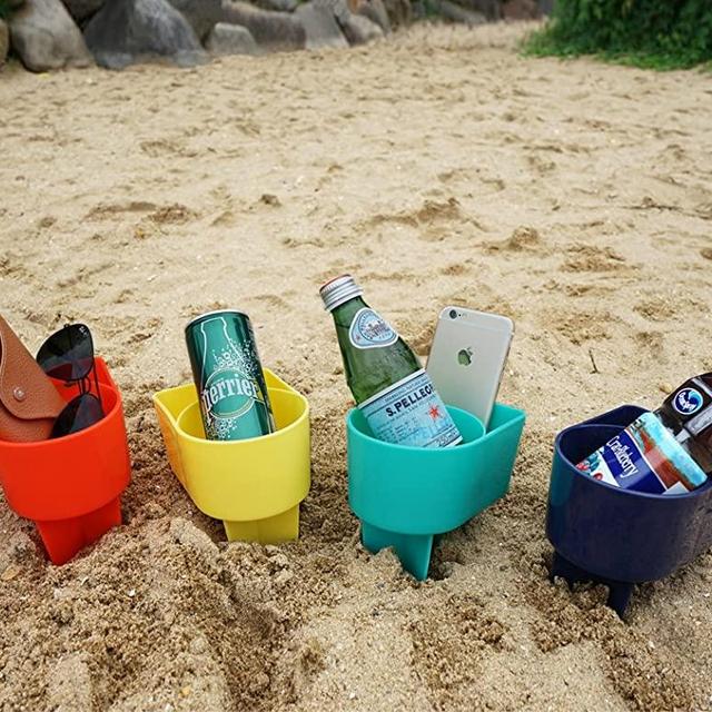 Home Queen Beach Cup Holder with Pocket, Multifunctional Sand Cup Holder for Beverage Phone Sunglass Key, Beach Accessory Drink Sand Coaster, Set of 4 (Navy, Teal, Yellow and Orange)