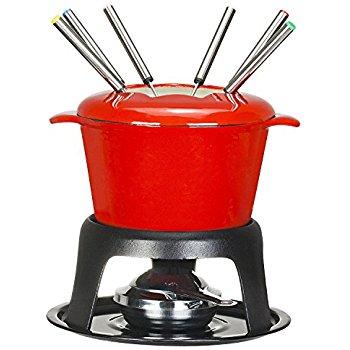 Swissmar KF-66517 Lugano 2-Quart Cast Iron Cheese Fondue Set, 9-Piece, Cherry Red