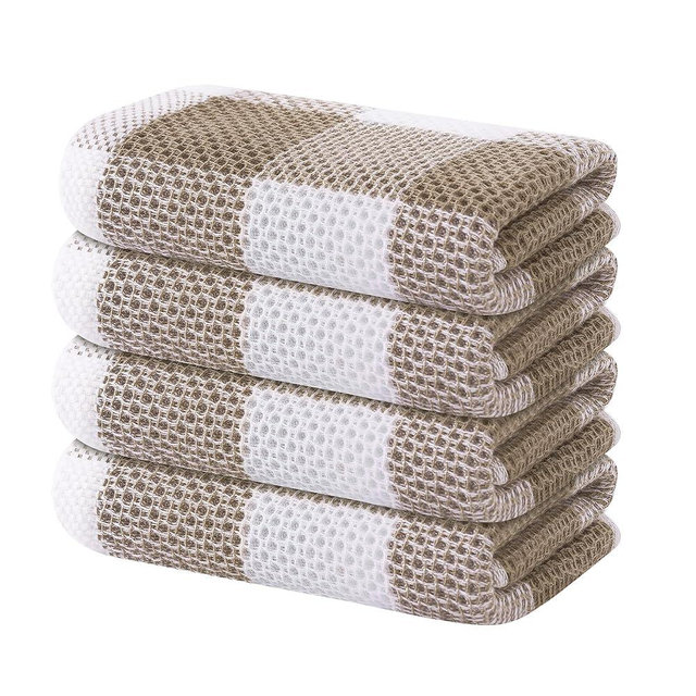 Homaxy 100% Cotton Waffle Weave Check Plaid Kitchen Towels, 13 x 28 Inches, Super Soft and Absorbent Dish Towels for Drying Dishes, 4-Pack, White & Khaki