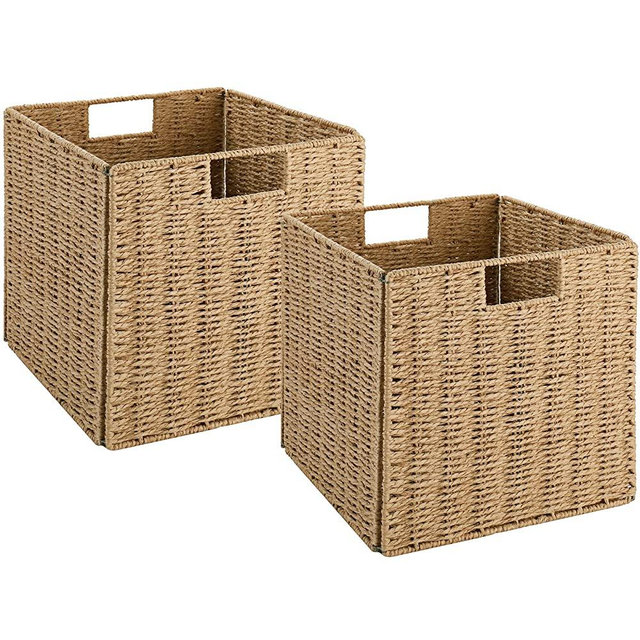 Vagusicc Wicker Storage Baskets, Set of 2 Hand-Woven Storage Baskets for Shelves with Handles, Foldable Cube Storage Baskets Bins Organizer 9 inch Wicker Baskets for Pantry Bedroom Decor, Natural