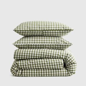 Classic Organic Percale Gingham Duvet Cover Set in Olive