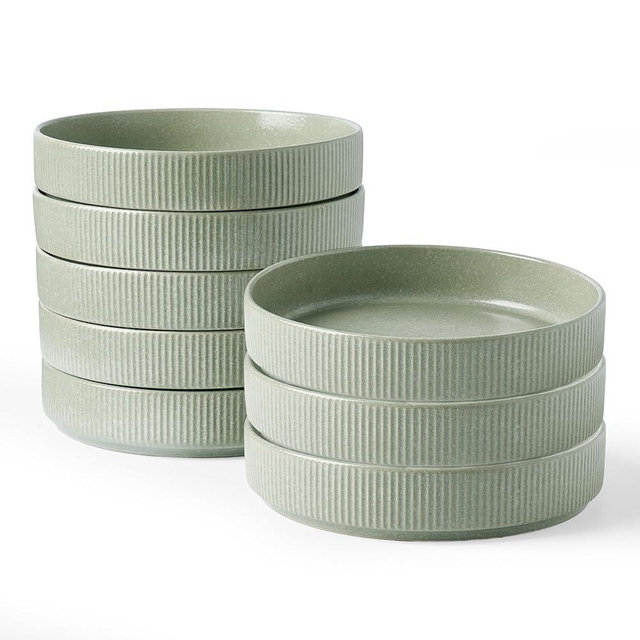 famiware Star 7.5" Pasta Bowls Set, Salad Bowl Set of 8, Double Reactive Glaze, Stackable, Ideal for Your Friend for Housewarming, Festivals, Light Green