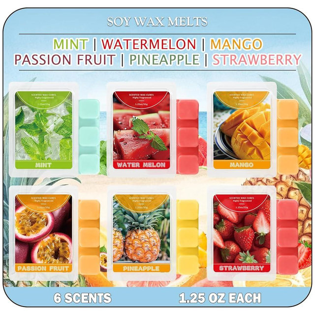 SCENTORINI Wax Melts, 6 Pack Scented Wax Cubes,Wax Melts Strong Scent, Soy Wax for Wax Warmer - Mint, Watermelon, Strawberry, Mango, Passion Fruit, Pineapple