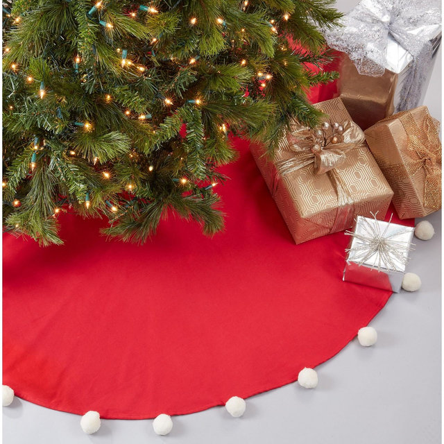 Saro Lifestyle Saro Lifestyle Cotton Tree Skirt With Pom Pom Design, Red, 53"
