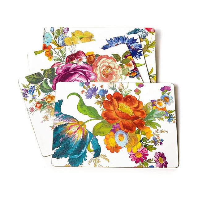 MacKenzie-Childs Flower Market Placemats in White, Hard-Finish Washable Table Mats, Set of 4