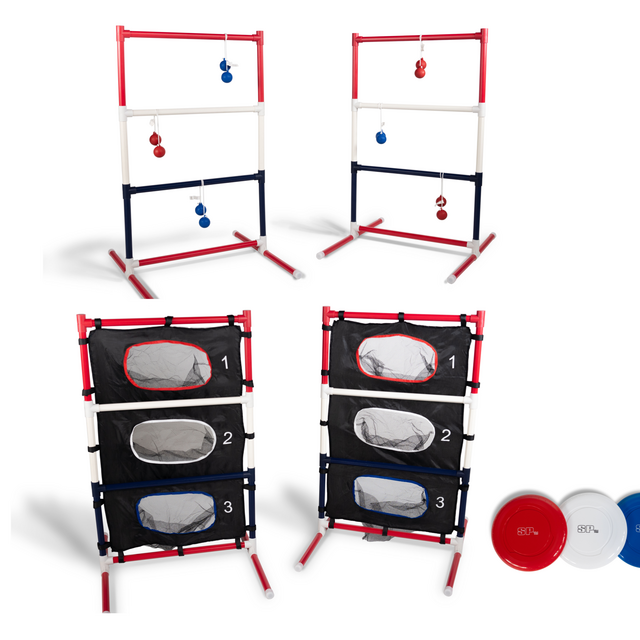 2 in 1 Classic Ladderball and Flying Disc Toss Game Set with Weighted Leg Base, 6 Bolo Balls, 3 Flying Discs, and Carry Case