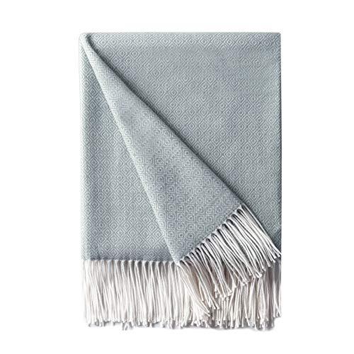 Bourina Decorative Diamond Lattice Faux Cashmere Fringe Throw Blanket Lightweight Soft Cozy for Bed or Sofa Farmhouse Outdoor Throw Blankets, 50" x 60",Light Blue