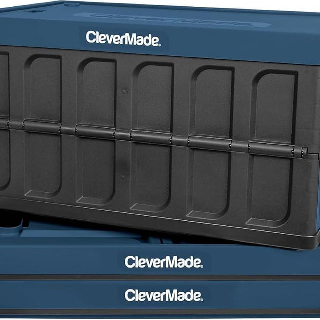 CleverMade Collapsible Storage Bins with Lids (46L, 3 Pack) – Stackable Foldable Plastic Storage Crates for Home, Closet & Trunk Organization - Ocean