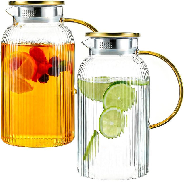 2 PACK Glass Pitcher with Lid, 68oz/2Liter Borosilicate Glass Water Pitcher, Heat Resistant Vertical Striped Water Carafe for Iced Tea, Fruit Tea, and Hot Beverages, Dishwasher Safe, Christmas Gifts