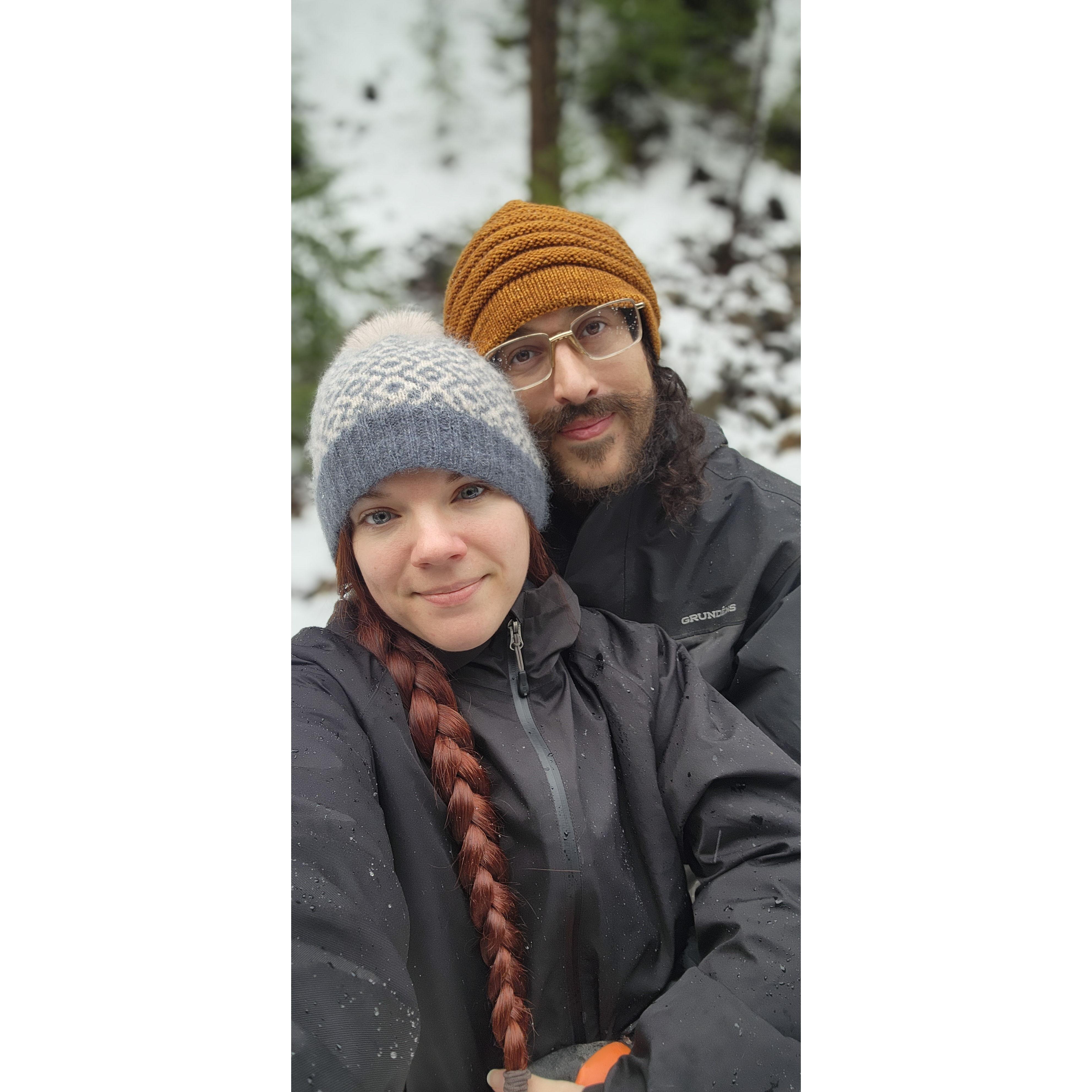 Snowy hike on the property. Beanies hand knit by Logan.