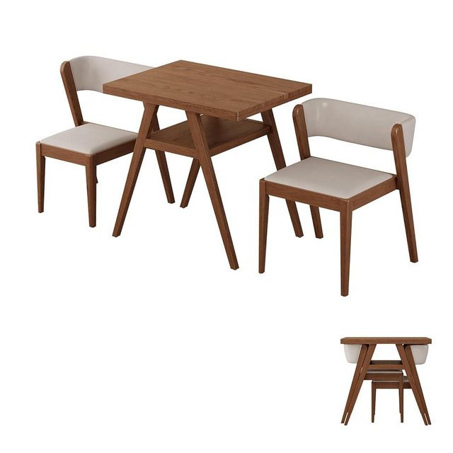 soild wood 3-Piece Bistro dining table set,Bistro Stacking table and chairs set of 2 with Padded Seat, Dinette for Kitchen, Dining Room, Patio,Tavern, Balcony,Compact Space-Saving (Walnut)