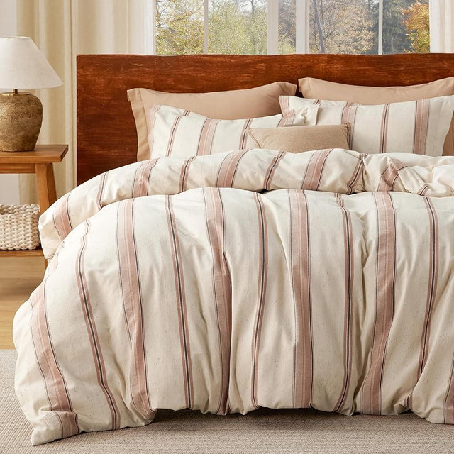Bedsure Cotton Duvet Cover King Size - Waffle Boho Neppy Textured Duvet Cover Set, Soft and Breathable Striped Bedding Set for All Seasons (Pink, King, 104"x90")