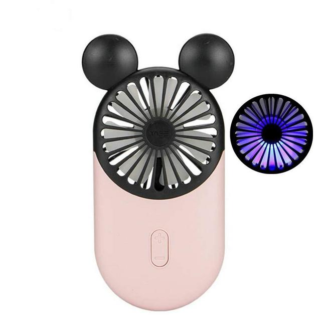 Kbinter Cute Personal Mini Fan, Handheld & Portable USB Rechargeable Fan with Beautiful LED Light, 3 Adjustable Speeds, Portable Holder, for Indoor Or Outdoor Activities, Cute Mouse (Pink)