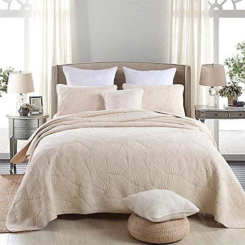 Qucover Palm Leaf Bedspread Quilt Sets Beige Color 100% Cotton Quilted Bedspread Comforter Bedding Sets Queen Size Quilt Coverlet Sets 3 Pieces, 90x98 Inch