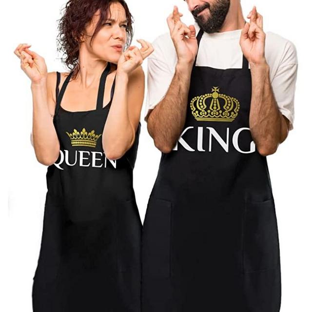 King and Queen Couples Aprons His and Hers Cooking Chef Matching Apron Set King Black One Size/Queen Black One Size