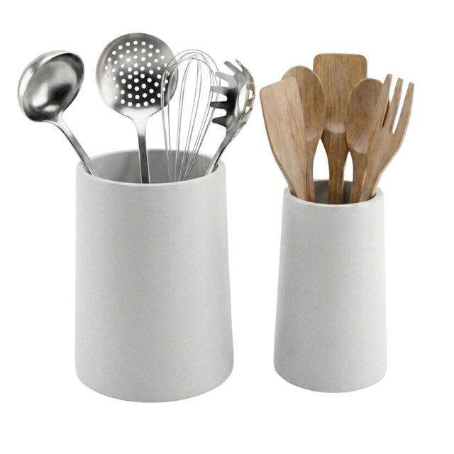 IVE Design Utensil Holder – 7" Tall x 5.2" Diameter Kitchen Utensil Organizer for Countertop (Matte White, 2 Pack)