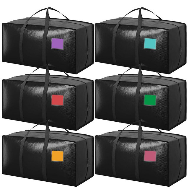 RMOHRO 6 Pack Extra Large Heavy Duty Moving Bags with Reinforced Zipper & Wide Handles, Moisture-Resistant Storage Bins Packing Cubes for Clothes, College Dorm, Travel, and Home Organization, Black