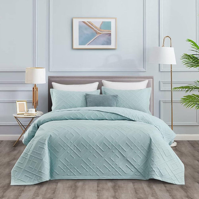 CHIXIN Quilt King Size - Geometric Pattern Bedspread Coverlet Set - Modern & Contemporary Style Bedding Cover, Ultrasonic Quilting, Reversible, Lightweight, 4 Piece, Seaglass