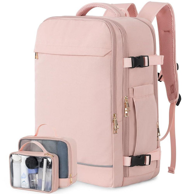 Sinaliy Large Travel Backpack for Women, 40L Travel Bag Personal Item Size, Laptop Backpacks, Waterproof Carry On Backpack with Packing Cubes for College Business Hiking Work Essentials, Pink