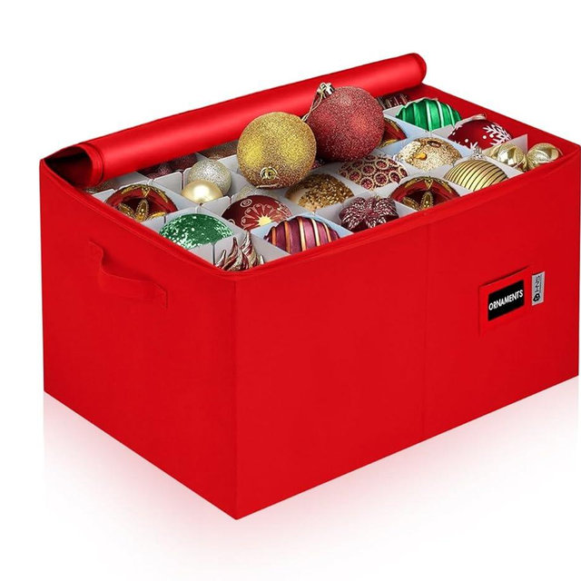 Christmas Ornament Storage Container with Dividers -Box Stores Up to 96-4" Ornaments, Zippered, Convenient, Adjustable, Heavy Duty 600D, Large Organizer Bin to Protect and Store Holiday Décor