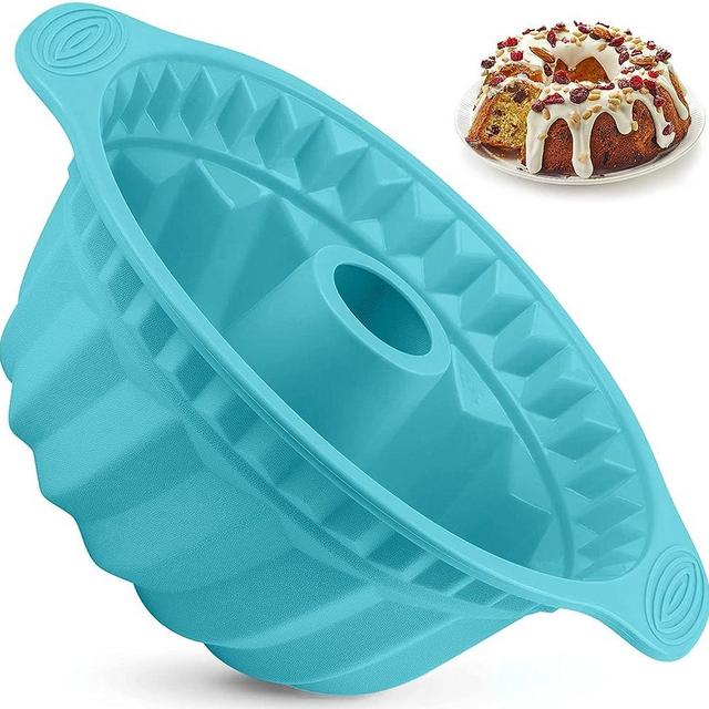 Kenond 9.5 Inch Silicone Cake Pans, Non-stick Fluted Cake Pan with Sturdy Handle, Cake Baking Molds, Perfect Bakeware for Cake, Jello, Gelatin, Bread, Para Gelatinas (Blue)