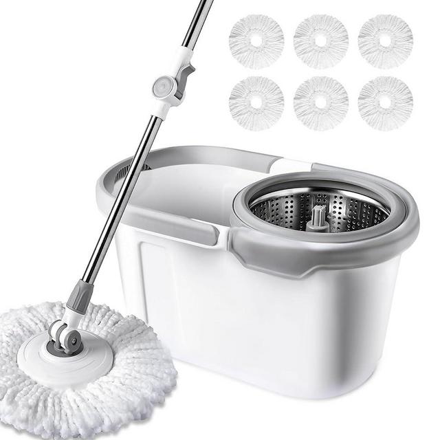 BOOMJOY Spin Mop and Bucket with Wringer Set, Easy Wring Mop for Floor Cleaning with 6 Microfiber Replacement Refills, Spinning Mop Bucket System, Stainless Steel Extended Handle