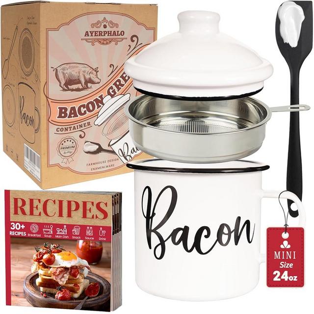Bacon Grease Container with Strainer - With Food-Grade Silicone Spatula, 24oz Enamel Rustic Farmhouse Fat Container, Keeper, Recipes, Dishwasher Safe