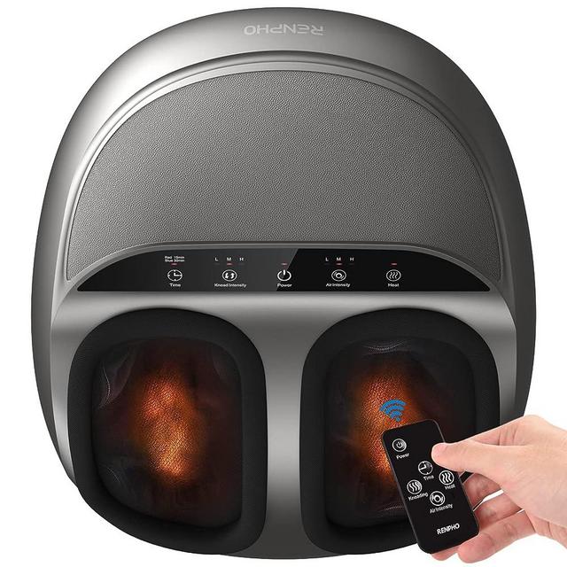 RENPHO Foot Massager Machine with Heat, Shiatsu Deep Kneading, Multi-Level Settings, Delivers Relief for Tired Muscles and Plantar Fasciitis, Fits Feet Up to Men Size 12 (Silver-with Remote)
