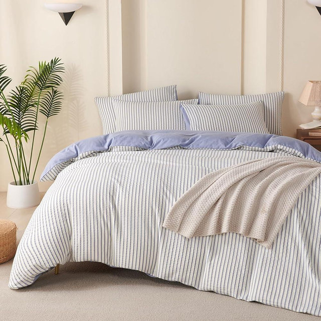 BUPIRD Comforter Set King Striped Blue 100% Soft Washed Microfiber Jacquard 3 Pieces King Striped Bedding Sets Blue White Comforter for All Seasons and 2 Pillowcases Comfort Breathable