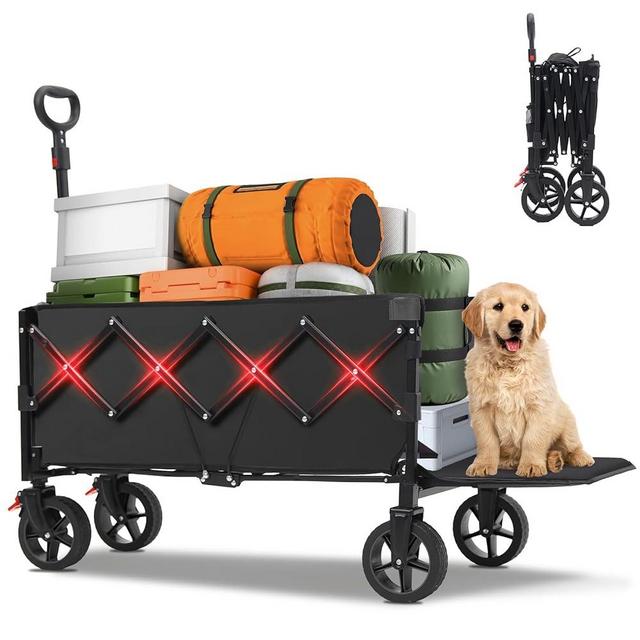 Collapsible Wagon Cart 226.8L - Extra Long Utility Foldable Wagon with Tailgate, Brakes, Anti-Rebounding Handler & 2 Cup Holders, for Groceries, Camping, Shopping, Garden - Sekey& Sunula Black