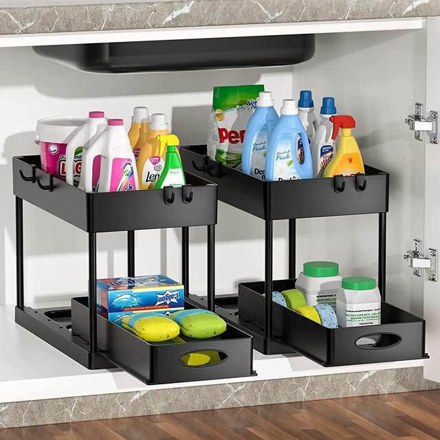 2 Pack Sliding Cabinet Basket Organizer Drawers, Multi-Purpose Under Sink Organizers and Storage for Bathroom Kitchen Under Bathroom Sink Organizer with Hooks The Bottom Can Be Pulled Out by Handles