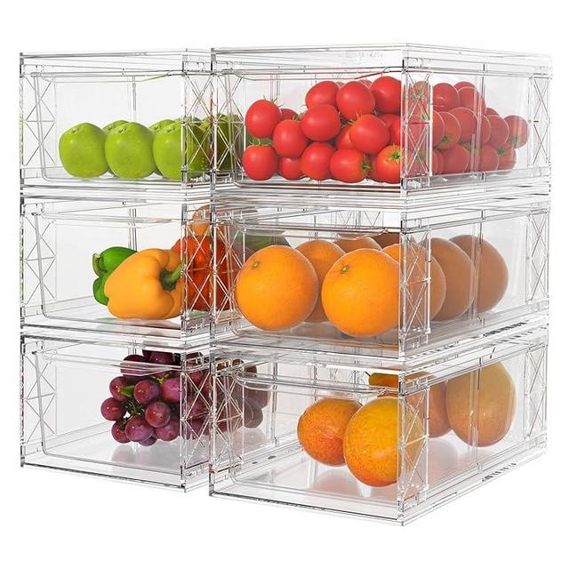 WRRLORS 6 Pack Stackable Storage Drawers,Clear Fridge Organizer with Handles and Movable Dividers,Pull-Out Acrylic Drawer Organizer for Pantry, Bathroom,Kitchen Undersink,Cabinet