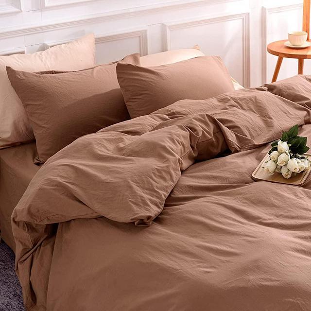 NEXHOME PRO Duvet Cover Set Queen Size Linen Textured Organic Natural 100% Washed Cotton Duvet Cover Terracotta Rust Brown 3 Pieces Bedding Set with Zipper Closure, Breathable, Soft (No Comforter)