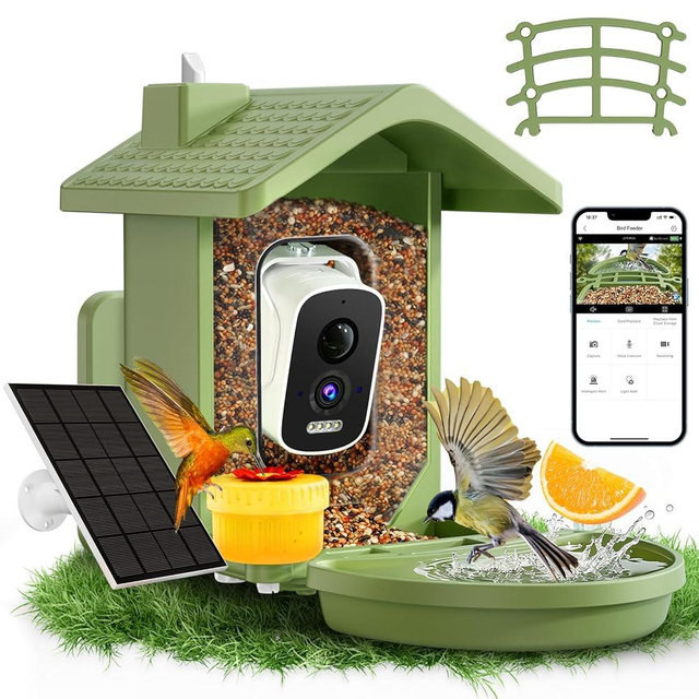 Smart Bird Feeder with Camera Solar Powered, AI Birds Species Identification, 2.5K HD Video Bird House with Camera for Outside, Weatherproof Design Ideal Gifts for Christmas, Bird Lovers, Green