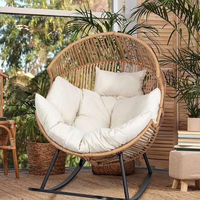 JAMFLY Egg Chair Outdoor Rocking Chairs, Wicker Patio Chair Oversized Lounger Chair with Cushion for Indoor Living Room Bedroom Outside Patio Backyard Balcony, Beige