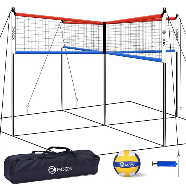 GOOX 4 Square Volleyball Net Game Set, 14 FT 4-Way Volleyball Net for Backyard Beach Lawn, Portable Four Square Volleyball Net for Adults & Youths with Vollyball, Pump, Carry Bag