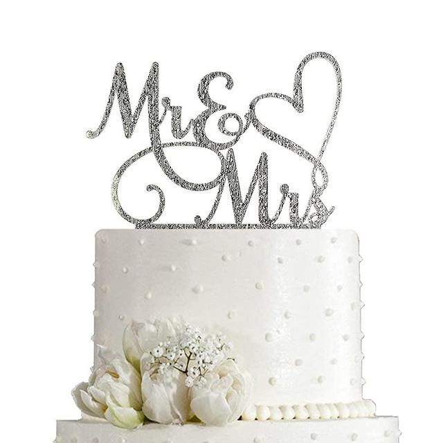Mr and Mrs Cake Topper, Bride and Groom Sign Wedding / Engagement Cake Toppers Decoration, Silver Glitter Acrylic