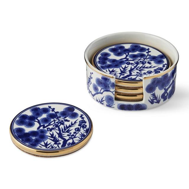 Chinoiserie Ceramic Coasters and Holder, Blue and White