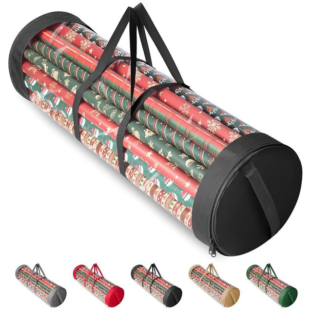 BALEINE Christmas Wrapping Paper Organizer Storage, 41" Gift Wrapping Paper Storage Containers, Clear PVC with Durable 600D Oxford Fabric Gift Wrap Paper Holder Fits 18-25 Rolls, Black