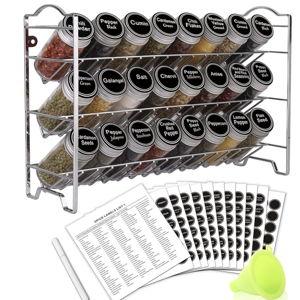 Spice Rack Organizer with 24 Empty Round Spice Jars, 396 Spice Labels with Chalk Marker and Funnel Complete Set, SWOMMOLY Spice Rack for Cabinet, Countertop or Wall Mount, Silver